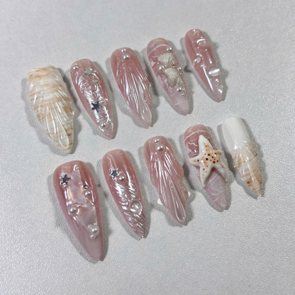 Seashell Nude Press On Nails with 3D Pearls, Starfish & Jelly Shine