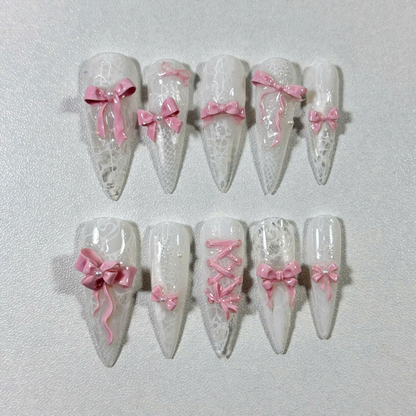 Elegant White Lace Press On Nails with 3D Bows & Corset Design