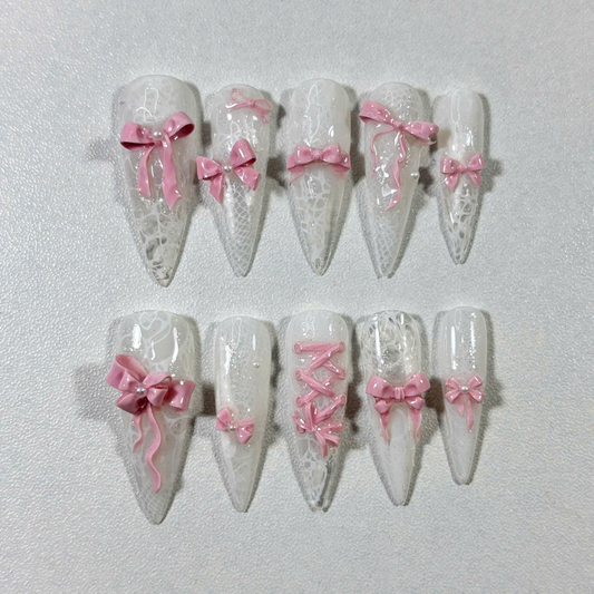 Elegant White Lace Press On Nails with 3D Bows & Corset Design