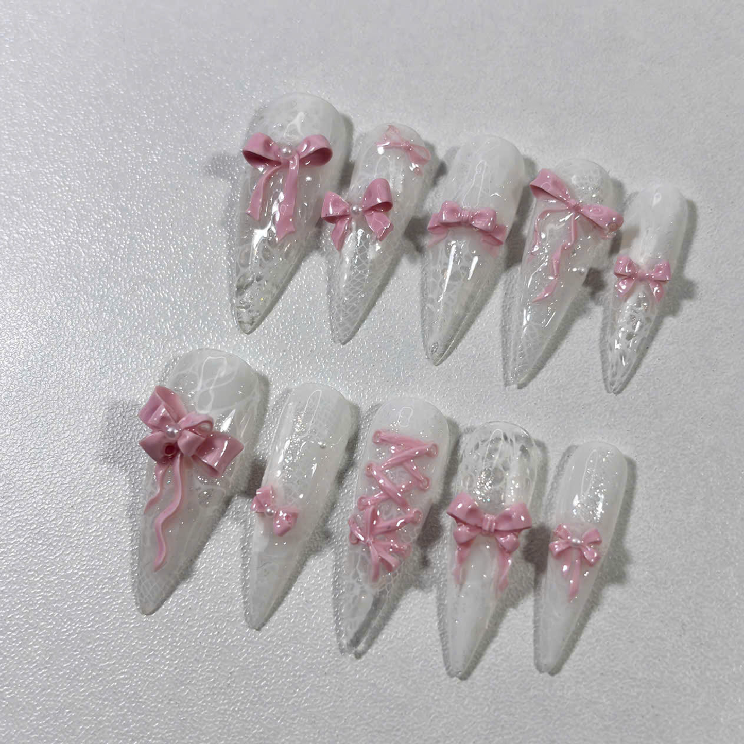 Elegant White Lace Press On Nails with 3D Bows & Corset Design