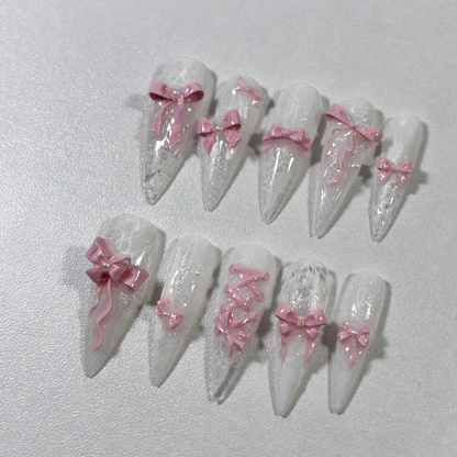 Elegant White Lace Press On Nails with 3D Bows & Corset Design