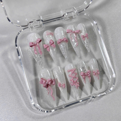 Elegant White Lace Press On Nails with 3D Bows & Corset Design