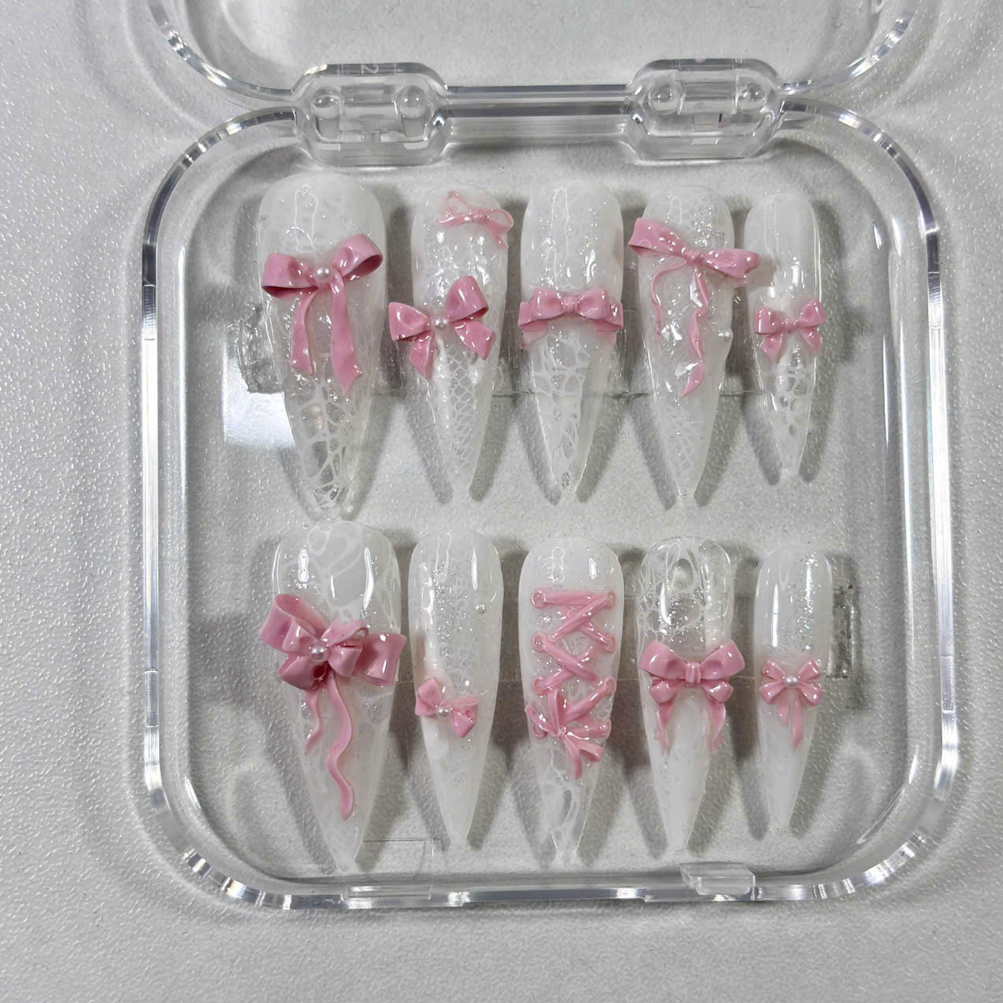 Elegant White Lace Press On Nails with 3D Bows & Corset Design