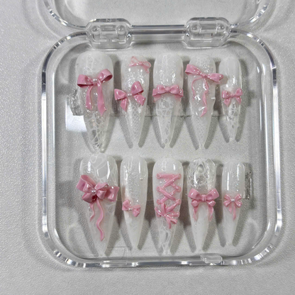 Elegant White Lace Press On Nails with 3D Bows & Corset Design