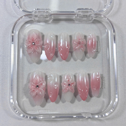 Pink Ombre Press On Nails with 3D Sakura Flowers & Dew Drops