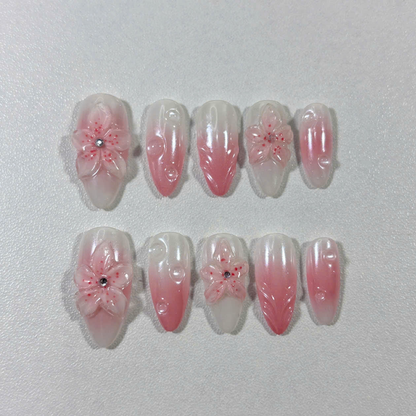 Pink Ombre Press On Nails with 3D Sakura Flowers & Dew Drops