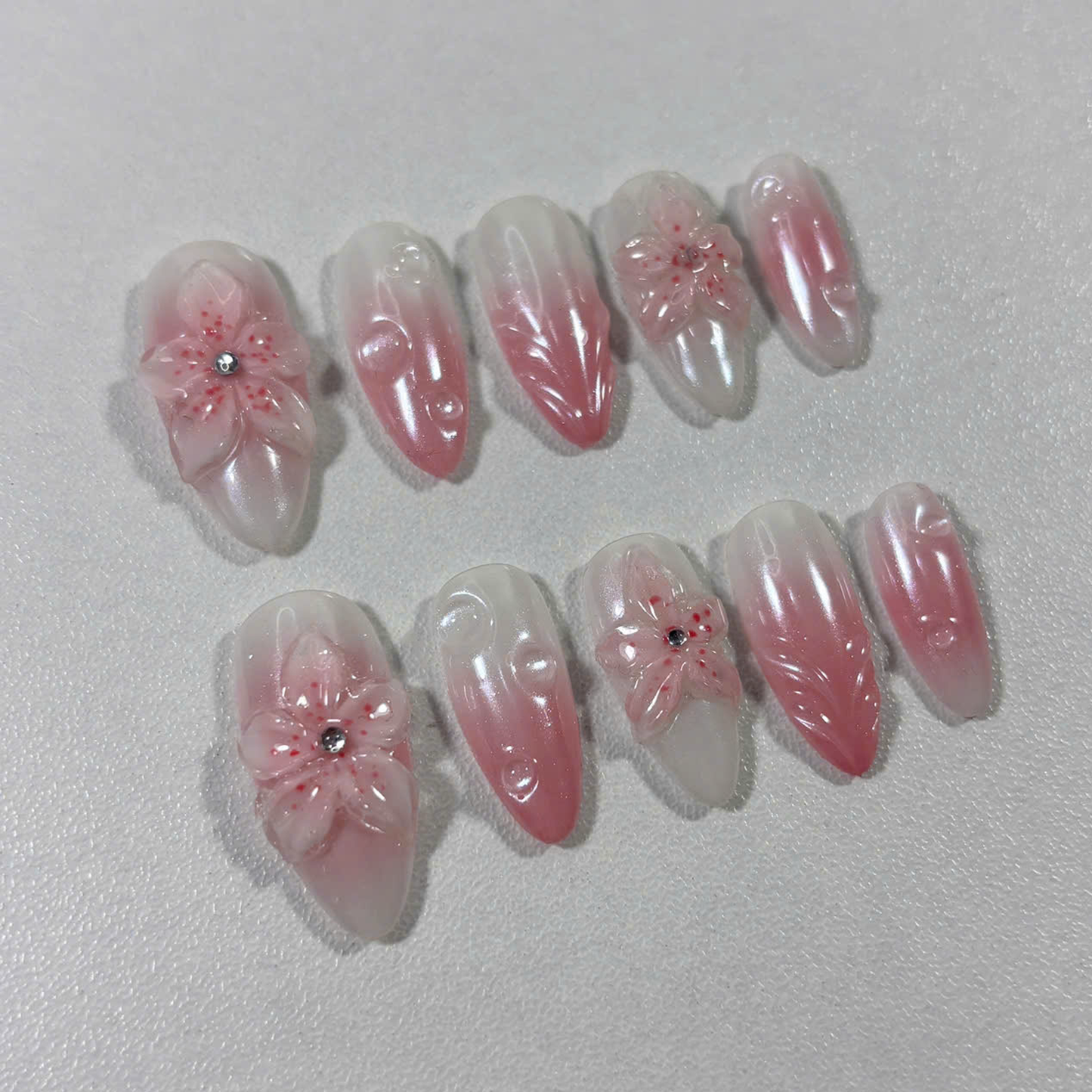 Pink Ombre Press On Nails with 3D Sakura Flowers & Dew Drops