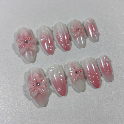 Pink Ombre Press On Nails with 3D Sakura Flowers & Dew Drops