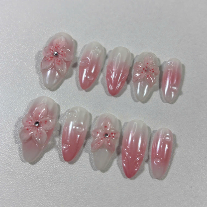 Pink Ombre Press On Nails with 3D Sakura Flowers & Dew Drops