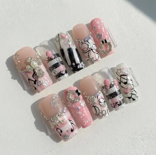 Pink Music Note Press On Nails, 3D Monogram Kawaii Fake Nails, Black and White Stripe Decoden Set, Sweet E-Girl Crystal Nail Art