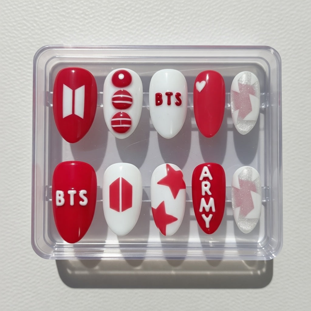 BTS 2026 World Tour Press On Nails | Arirang New Album | Red and White ARMY Fandom Gift | Hand Painted 3D BTS Logo Nails