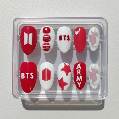 BTS 2026 World Tour Press On Nails | Arirang New Album | Red and White ARMY Fandom Gift | Hand Painted 3D BTS Logo Nails