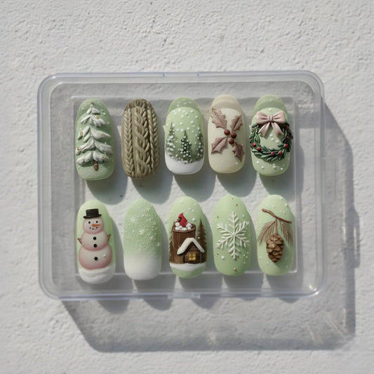 Cottagecore Christmas press on nails with snowman and Christmas tree design