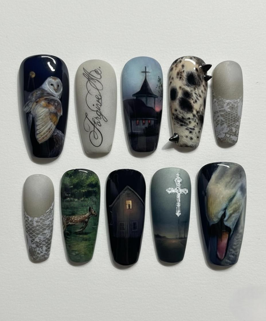 Southern Gothic Press On Nails, Hand Painted Dark Americana Art