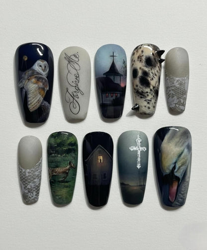 Southern Gothic Press On Nails, Hand Painted Dark Americana Art