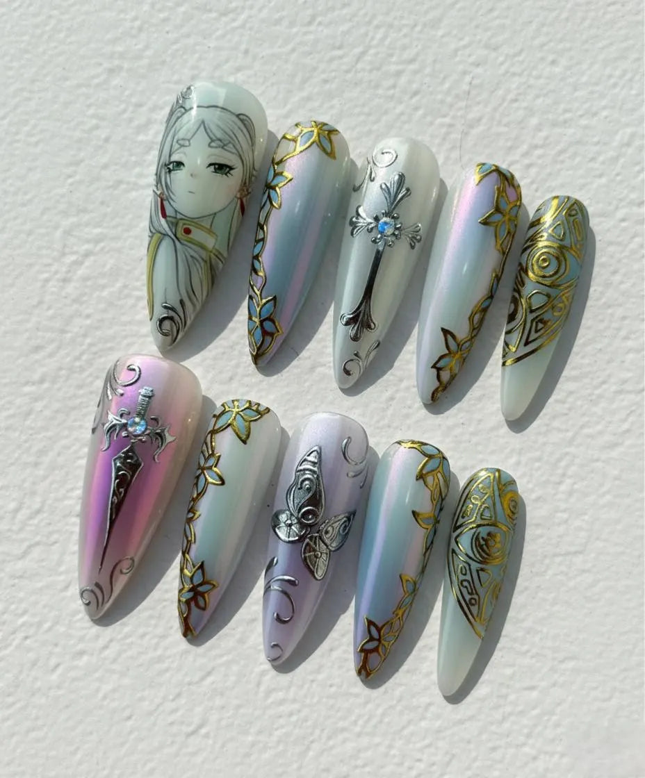 Frieren Anime Press On Nails, Hand Painted Chrome Gel Nail Art