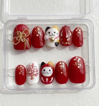 Lunar New Year Press On Nails | 3D Cat & Daruma Art