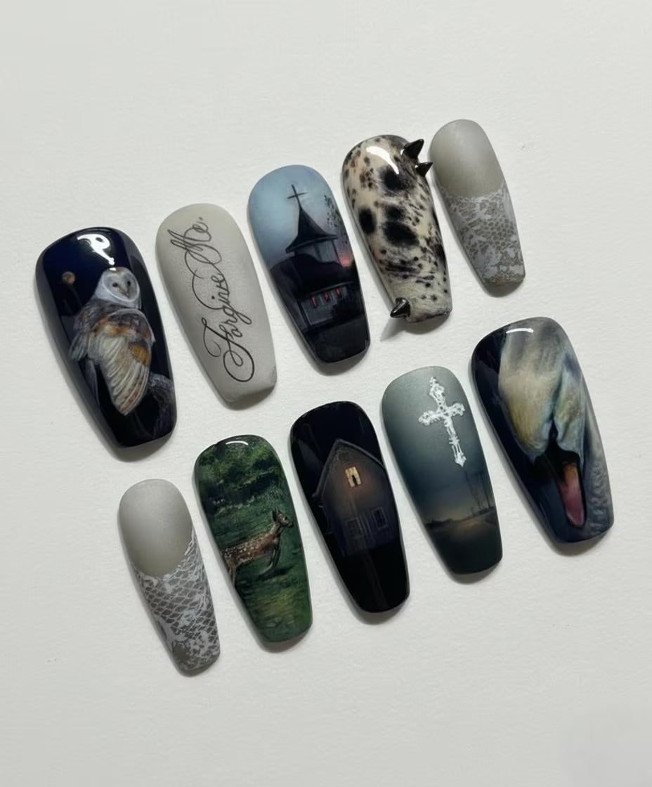 Southern Gothic Press On Nails, Hand Painted Dark Americana Art