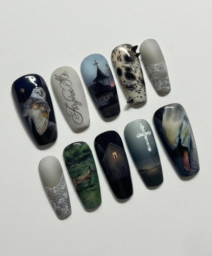 Southern Gothic Press On Nails, Hand Painted Dark Americana Art