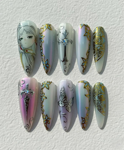 Frieren Anime Press On Nails, Hand Painted Chrome Gel Nail Art