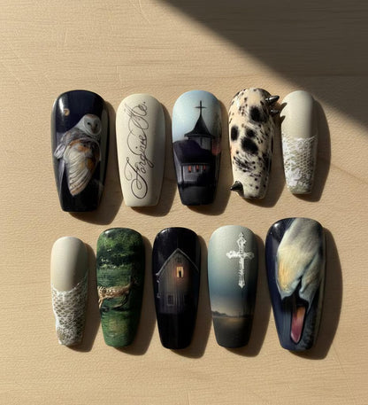 Southern Gothic Press On Nails, Hand Painted Dark Americana Art