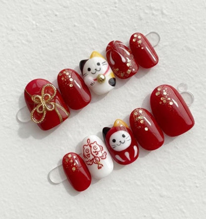 Lunar New Year Press On Nails | 3D Cat & Daruma Art