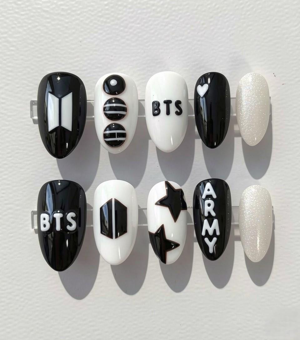 BTS 2026 World Tour Inspired Press On Nails | Arirang New Album | Black Nails ARMY Fandom Gift | Hand Painted 3D BTS Logo Nails