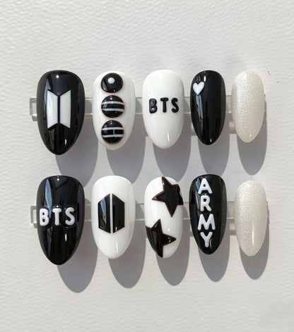 BTS 2026 World Tour Inspired Press On Nails | Arirang New Album | Black Nails ARMY Fandom Gift | Hand Painted 3D BTS Logo Nails