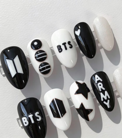 BTS 2026 World Tour Inspired Press On Nails | Arirang New Album | Black Nails ARMY Fandom Gift | Hand Painted 3D BTS Logo Nails
