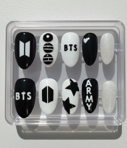 BTS 2026 World Tour Inspired Press On Nails | Arirang New Album | Black Nails ARMY Fandom Gift | Hand Painted 3D BTS Logo Nails