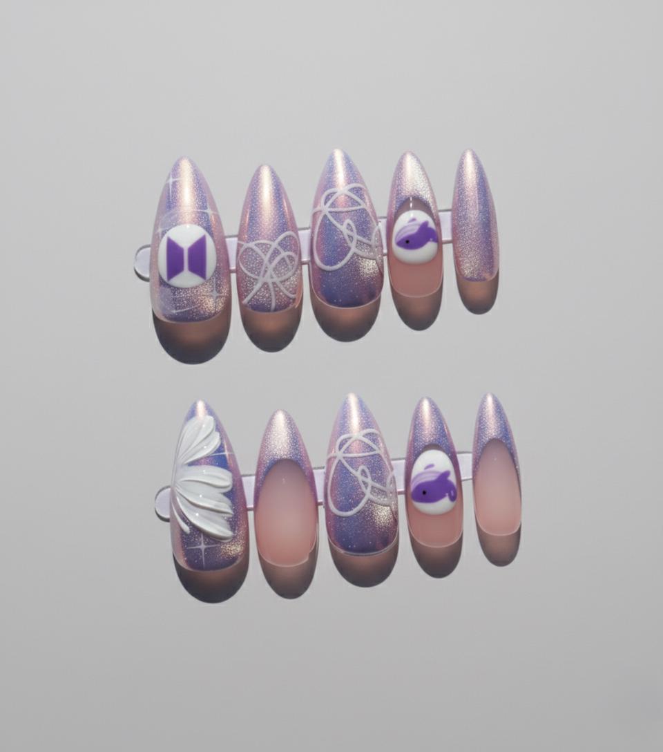 BTS Press On Nails | Purple Whalien, 3D Logo, Hand Painted