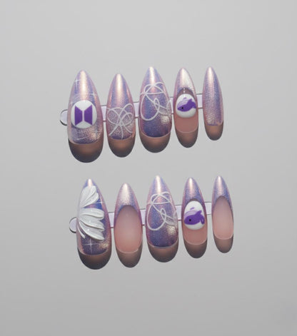 BTS Press On Nails | Purple Whalien, 3D Logo, Hand Painted
