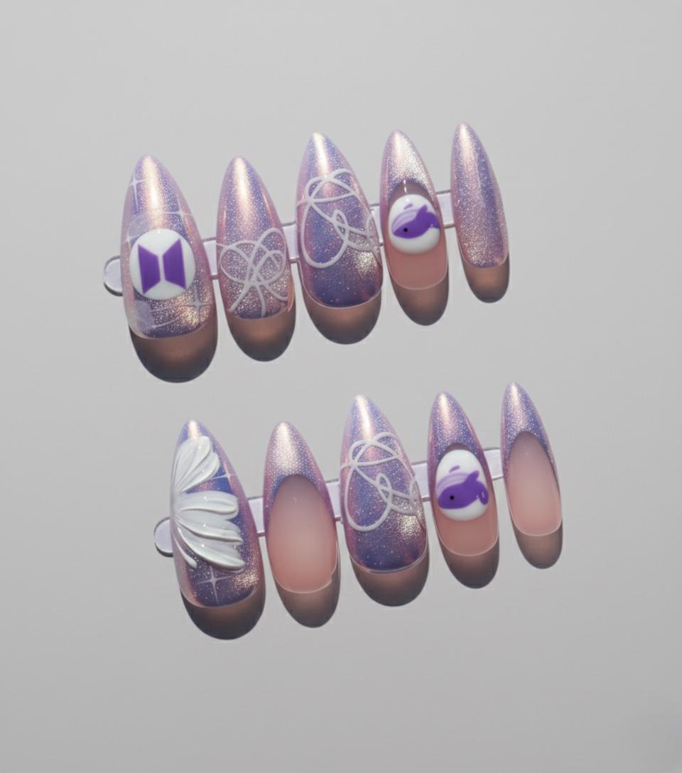 BTS Press On Nails | Purple Whalien, 3D Logo, Hand Painted