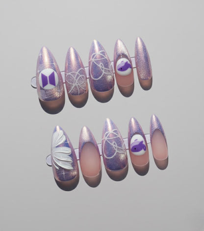 BTS Press On Nails | Purple Whalien, 3D Logo, Hand Painted