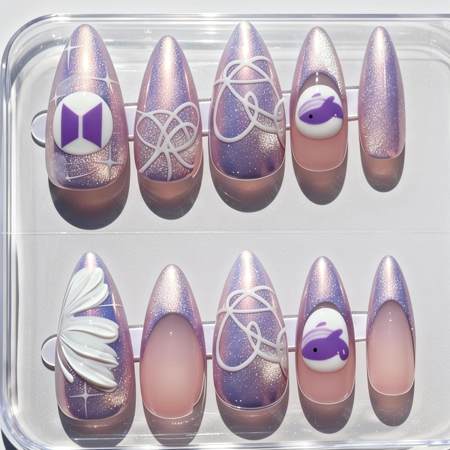 BTS Press On Nails | Purple Whalien, 3D Logo, Hand Painted