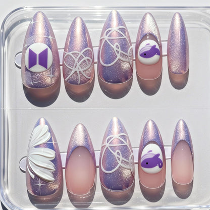 BTS Press On Nails | Purple Whalien, 3D Logo, Hand Painted