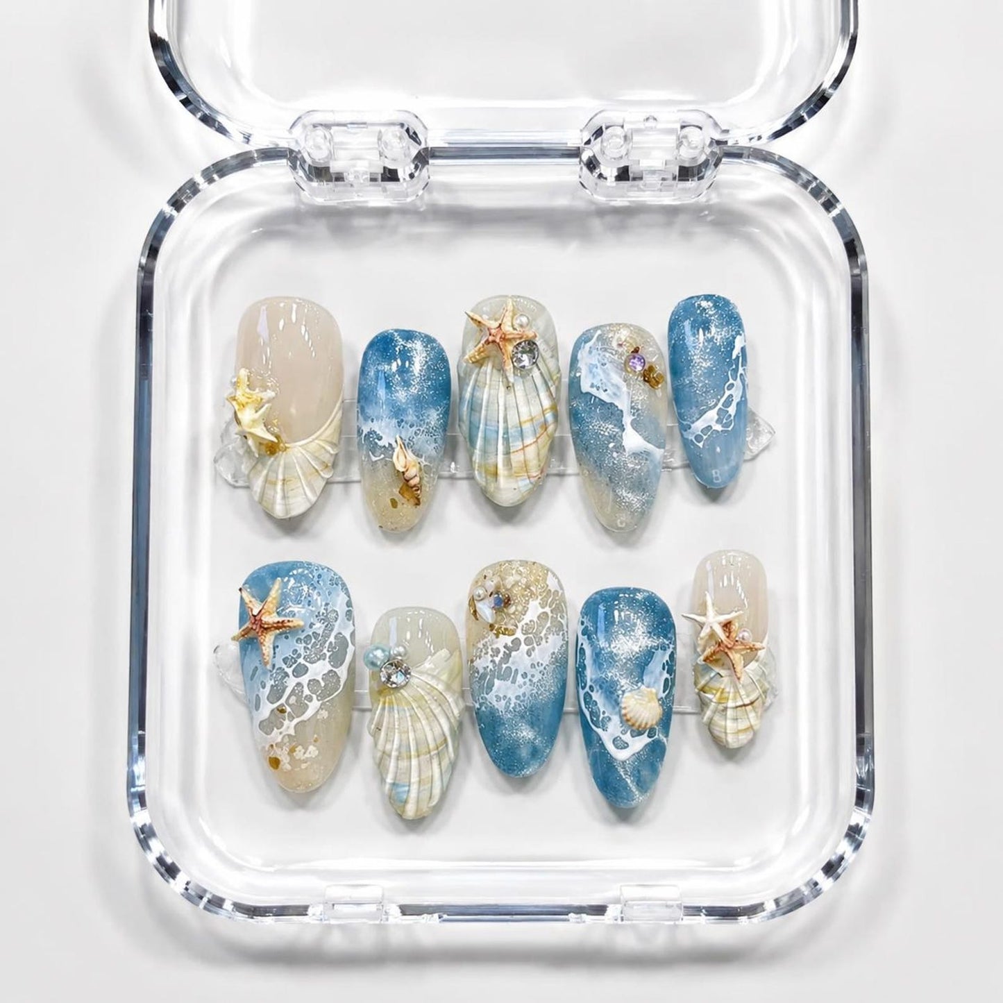 Ocean Pearl Press On Nails with 3D Starfish, Shell & Jelly Waves