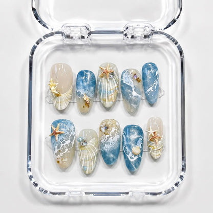 Ocean Pearl Press On Nails with 3D Starfish, Shell & Jelly Waves