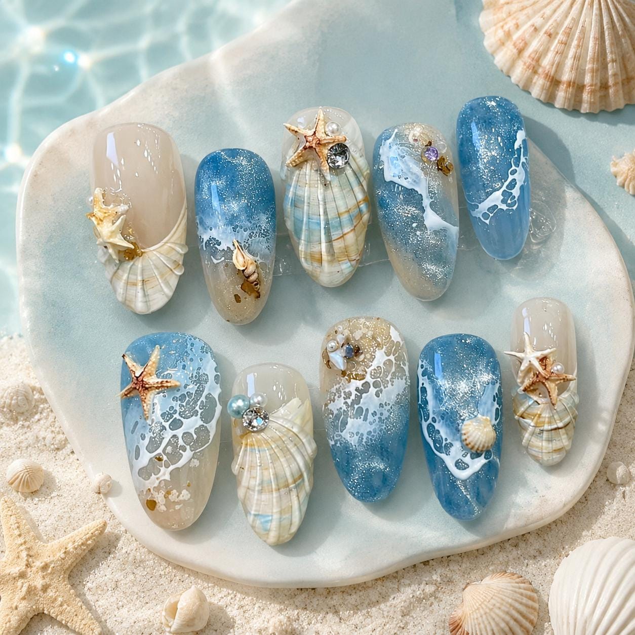 Ocean Pearl Press On Nails with 3D Starfish, Shell & Jelly Waves