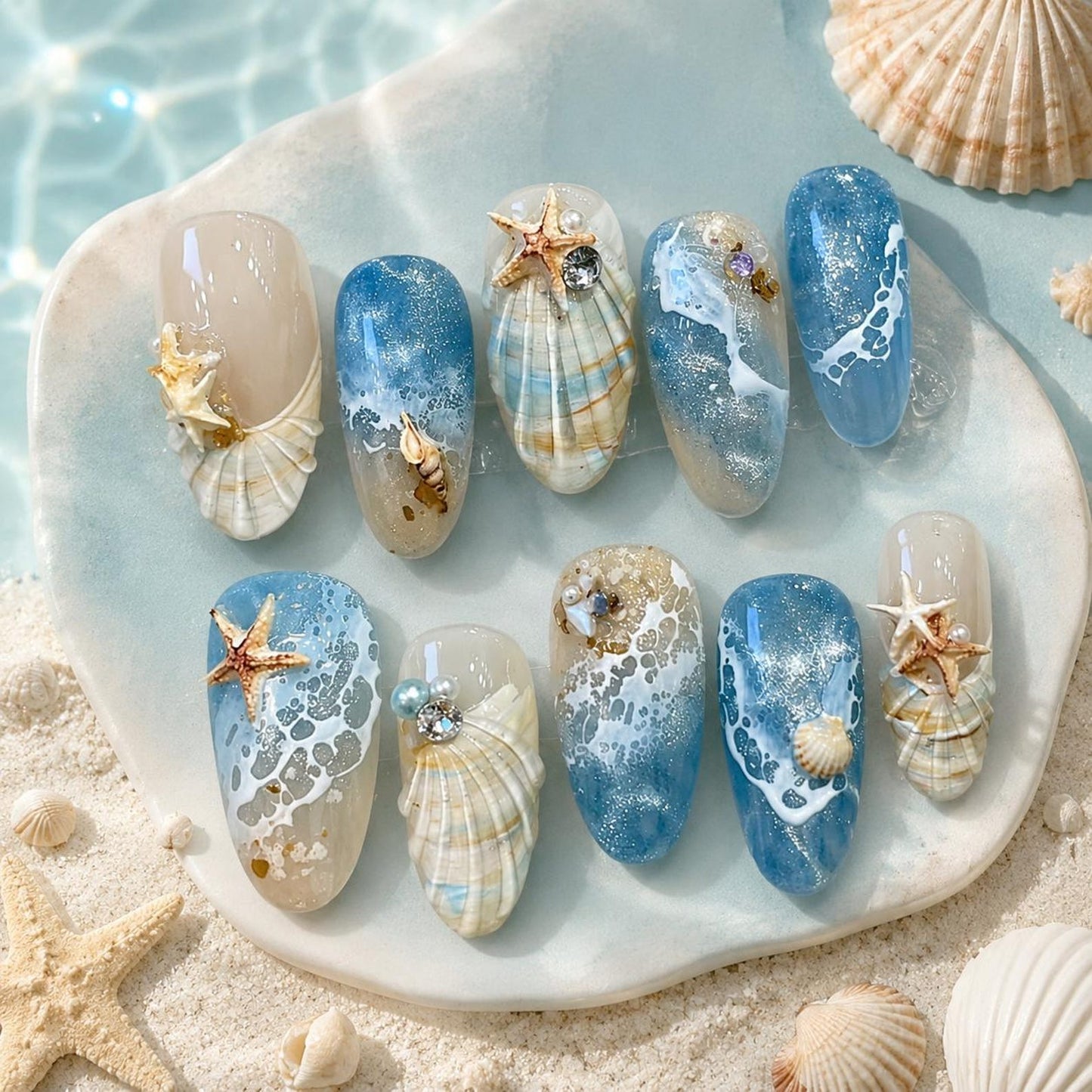 Ocean Pearl Press On Nails with 3D Starfish, Shell & Jelly Waves
