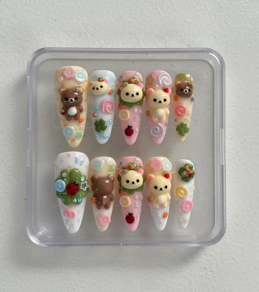 Rilakkuma Nail Art – Handmade Kawaii 3D Press On Nails, Cute Bear Character Nail Set, Pastel Sweet Design, Custom San-X Inspired Nail Tips