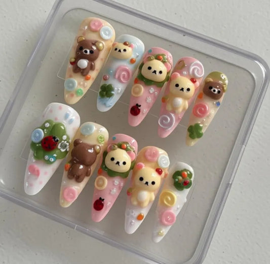 Rilakkuma Nail Art – Handmade Kawaii 3D Press On Nails, Cute Bear Character Nail Set, Pastel Sweet Design, Custom San-X Inspired Nail Tips