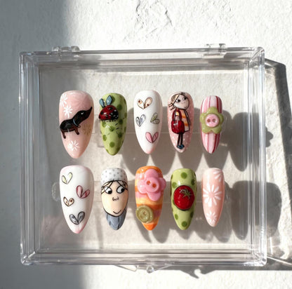 Charlie and Lola Press On Nails | Cute Cartoon Style | Hand-Painted Dog, Ladybug, Girl & Tomato | Pastel Pink Green | Kawaii Gel Nails Set