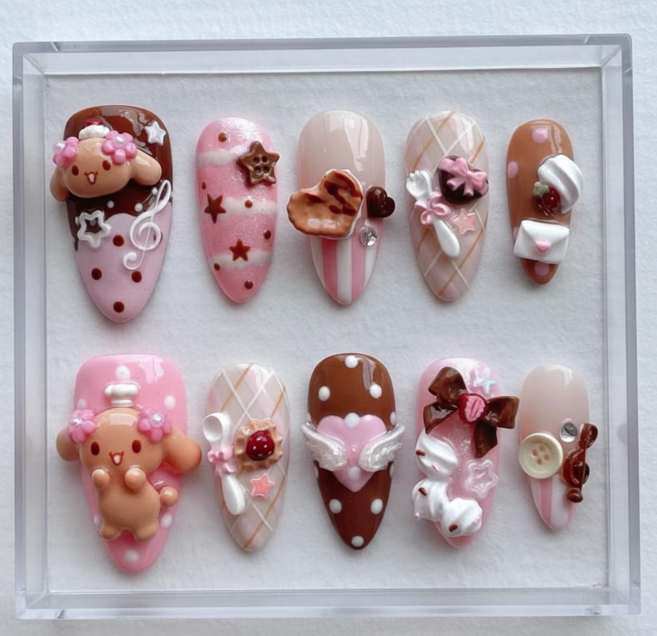 Kawaii Dessert Press On Nails: 3D Chocolate Strawberry Bear Bunny