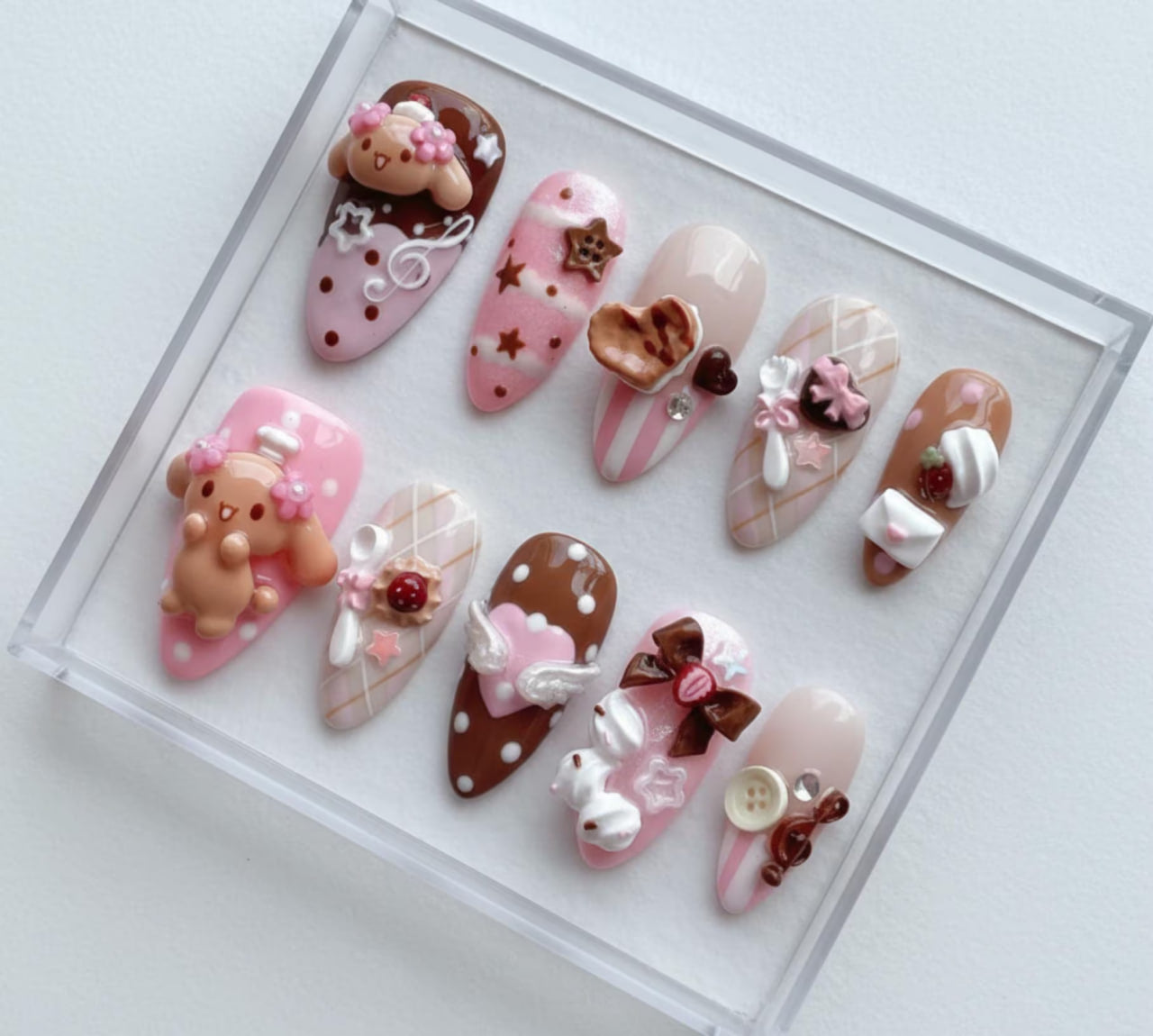 Kawaii Dessert Press On Nails: 3D Chocolate Strawberry Bear Bunny