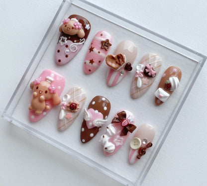 Kawaii Dessert Press On Nails: 3D Chocolate Strawberry Bear Bunny