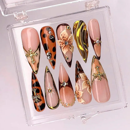 Floral Leopard Stiletto Press On Nails, Gold Chrome, 3D Flowers