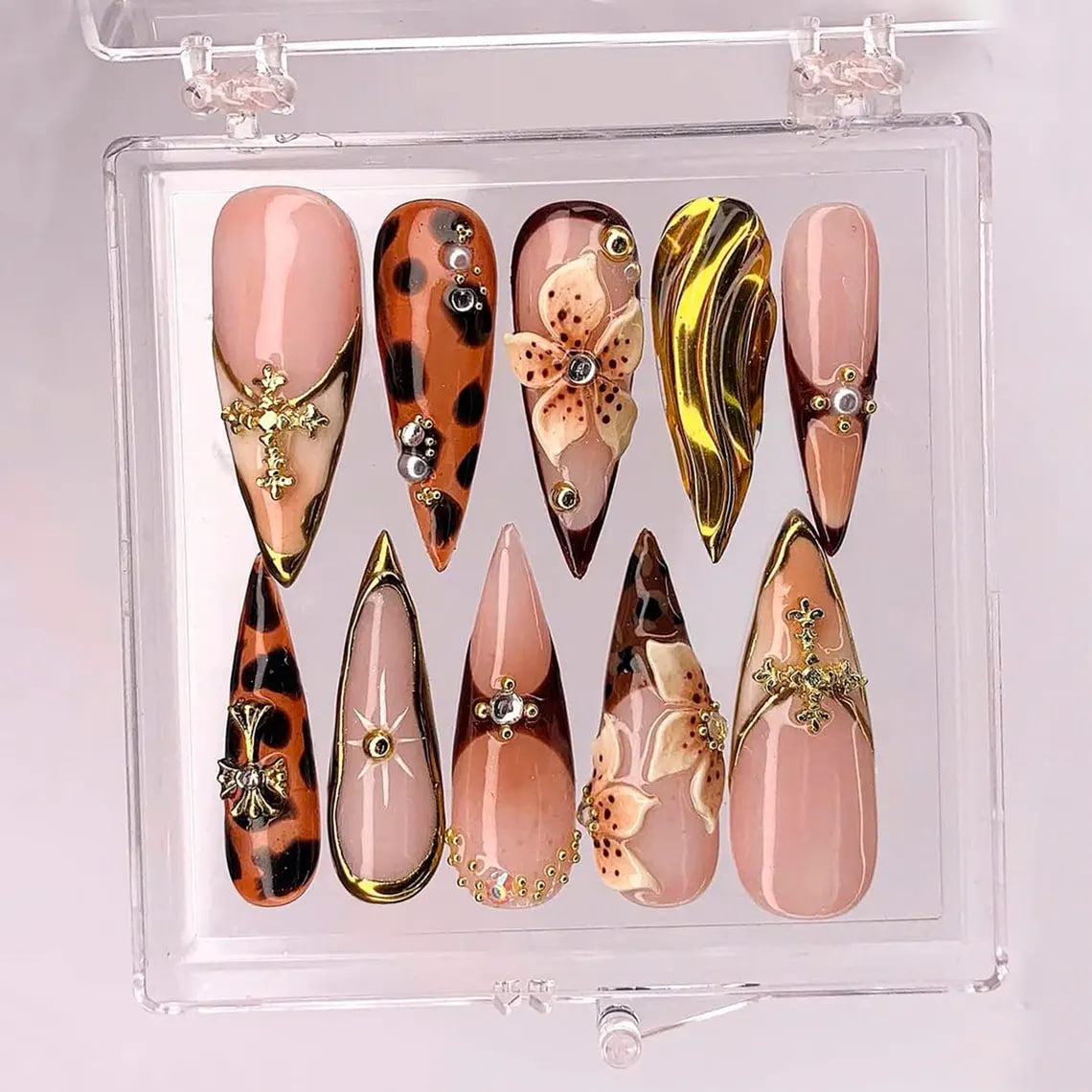 Floral Leopard Stiletto Press On Nails, Gold Chrome, 3D Flowers
