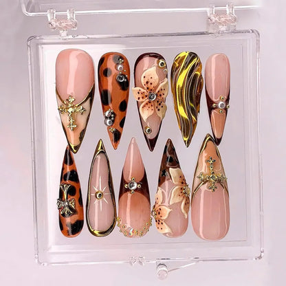 Floral Leopard Stiletto Press On Nails, Gold Chrome, 3D Flowers