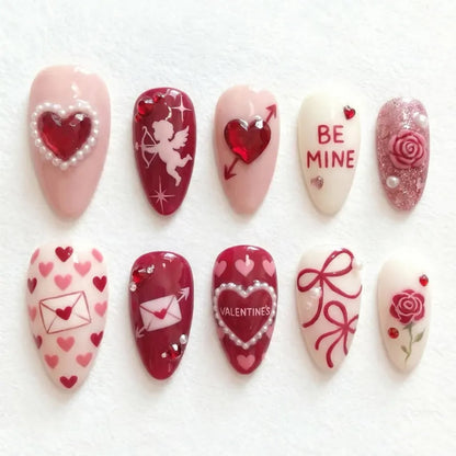 Valentine Press On Nails, Cupid Charms, Pearl Heart, Handmade